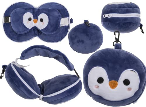 Out of the blue Cuscino da viaggio in peluche con maschera per gli occhi, pinguino, ca. 14 x 14 x 10 cm