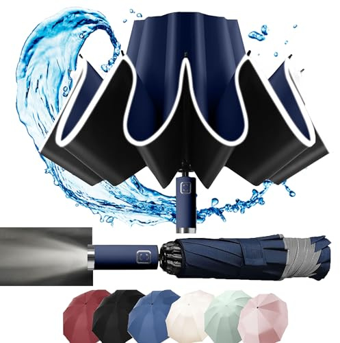 Regenschirm, LED-Licht, Taschenschirm, winddicht und sturmfest, Umgekehrtes Faltdesign, Klein Kompakt, Reflektoren Am Rand, für Herren und Damen