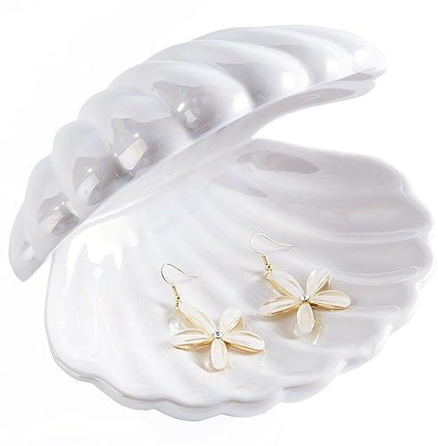 Denique Plateau à bijoux en forme de coquillage en céramique pour bijoux, bagues, clés, assiette à bijoux décorative, organiseur de bijoux mignon pour décoration de chambre (blanc)