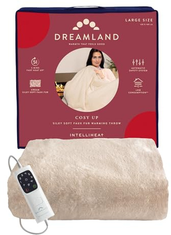 Dreamland Cosy Up Silky Soft Faux Fur Warming Throw/Electric Blanket with 6 Heat Settings (Intelliheat technology, 160 x 120 cm, Machine washable, Detachable control, 1/3/9-hour auto timer) Cream