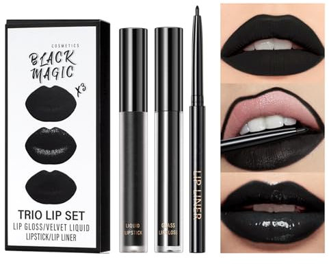3 Stück Schwarz Flüssiger Lippenstift Set - Langanhaltender Lipstick, Lipliner,Lipgloss - Matte Feuchtigkeitsspendende Hochpigmentiert Creme Lippenstifte Lippen Makeup für Holiday Party
