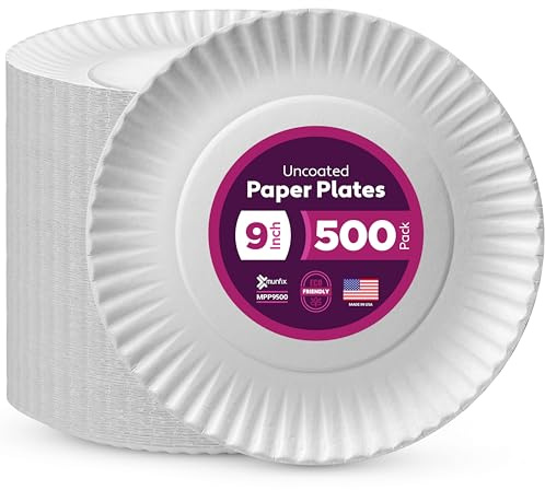 Munfix 500 Pack Uncoated Paper Plates 9 Inch, Everyday Disposable Plates, White Dinner Plates for BBQ Party, Picnics, Travel and Events, Microwavable Recyclable