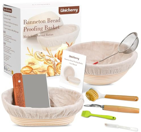 UNICHERRY Cestini Lievitazione Pane kit, Cestino Pane Lievitazione rotondi da 23cm e ovali da 25cm, con 6 strumenti di cottura, Cestino Per Lievitazione Pane Perfetto per gli amanti della pasticceria