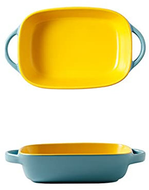 Keramiska ugnsformar med 2 små rektangulära med handtag, ugnssäker bakform for stekning av lasagnepanna och gryta(Yellow Blue)
