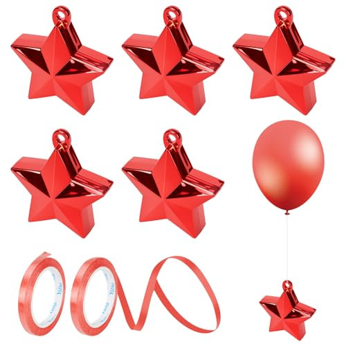 Chovbe 6 pesi per palloncini con nastro, a forma di stella rossa, per compleanni, feste, matrimoni, decorazioni da tavola e celebrazioni