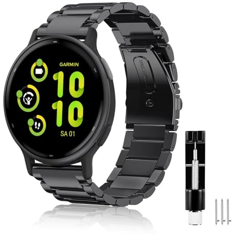 FINTIE Armband kompatibel mit Garmin Vivoactive 6/5/3, Garmin Venu/Venu 2 Plus/Venu Sq/Venu Sq 2, Forerunner 165/245/55 - Edelstahl Metall Uhrenarmband mit Doppelt Faltschließe