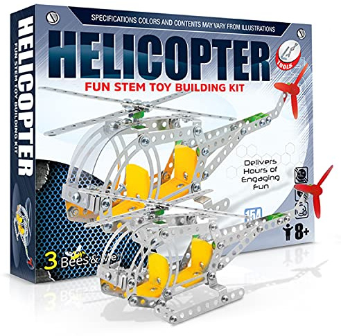 3 Bees & Me Metal Helicopter Erector Set for Boys and Girls Age 8 Years Old to Adult | Fun STEM Toy Building Kit | Educational Birthday Gift for Junior Engineers | Kids Building Projects