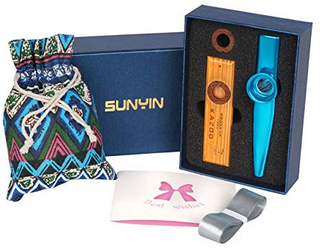 SUNYIN Holz Metal Kazoo, sch? ne Geschenkbox f¨¹r Erwachsene, Geschenkpaket mit Musikinstrumentenspielzeug f¨¹r alle Altersgruppen, einfachstes Instrument (blau)