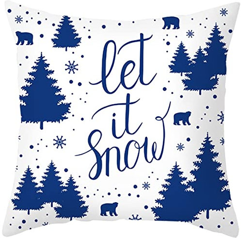 AMDXD Weihnachten Kissenbezüge 40x40cm, Kissenhüllen let it Snow Baum Schneeflocke Muster, in Polyester, für Autos Wohnzimmer Schlafzimmer Büro Dekor, Blau Weiß