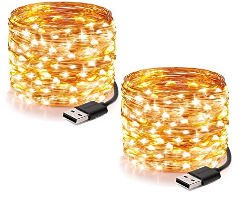 TZFTZ 2 PACK Guirnalda Luces USB, 20M(10X2) 200 LED Luces de Cadena, Blanco Cálido Alambre de Cobre Guirnalda Cadena Luces LED Decoración para Habitacion Interior Bodas Fiesta de Navidad