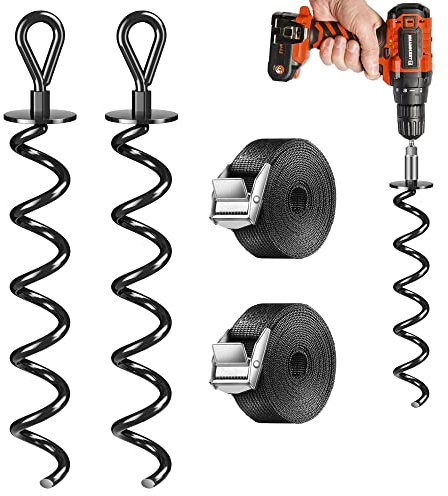 STURME 2 Pack Bodenanker Erdanker für Trampolin, Schaukel, Pavillon,partyzelt, Bodenanker Trampolin Set mit 2 verstellbaren Gurten, Bodenanker aus 1cm Ø Edelstahl Zum Eindrehen, windfest und langlebig
