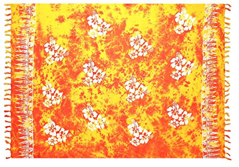 Pareo Sarong Strandtuch Damen - Wickelrock Strand - Handtuch Blickdicht als Wickeltuch oder Handtuchkleid und Wickelkleid Damen - Handarbeit aus Fair Trade Herstellung Batik Gelb Orange Blume