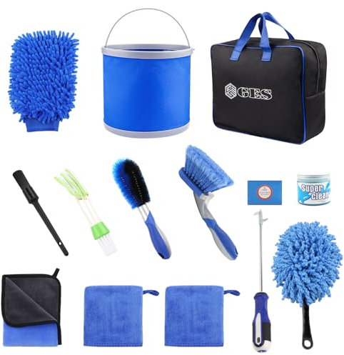 Auto-Reinigungsset mit Aufbewahrungstasche, 13 x Außen- und Innenraum-Autowaschprodukte, Faltbarer Eimer, Radbürste mit kurzem Griff, Mikrofaser-Waschhandschuh, Trockentuch und Auto-Tonstange (blau)