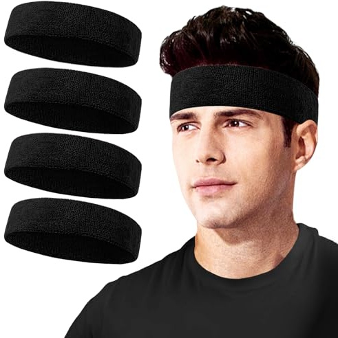 4 Pcs Sweatbands Sport Headbands for Men & Women, Sweat Head Bands Moisture Wicking Sport Headband Cotton Sweatbands for Basketball, Athletic Exercise, Tennis, Running, Yoga