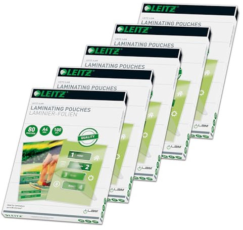 Leitz Heißlaminierfolien A4 80 mic, 5 Pack à 100 Stück, Hochwertige Laminierfolien mit abgerundeten Ecken, transparent, glänzend, für den Einsatz zu Hause oder im Büro, 74330000