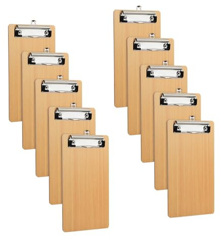 10 Stück Klemmbrett Holz, 10,8x20,8cm Schreibbrett Pad Halter Clipboard, Klemmbrettmappe mit Aufhängeose und Metalklemme, Schreibbrett Klemmbrett für Schule Büro Restaurant (48K)