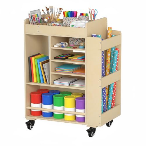lukar Wooden Art Storage Cart with Wheels, 25.6 Art Supply Storage Organizer Cart, Multi-Functional Rolling Utility Carts for Kid, Arts Activity Carts for Storing A4 Paper, Brushes, Paint