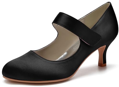 Women's Kitten Heel Mary Jane Shoes Mid Heels Vintage Retro Shoes Round Closed Toe Dress Bridal Wedding Party Office Pumps,Black,7 UK