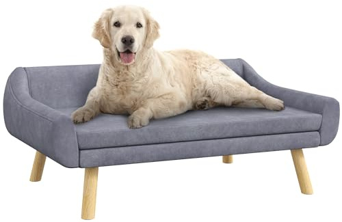 PawHut Canapé pour Chien Chat Design scandinave Coussin Moelleux Amovible Tissu Aspect Velours Pieds Bois Massif 102L x 58,5P x 42,5H cm, Gris