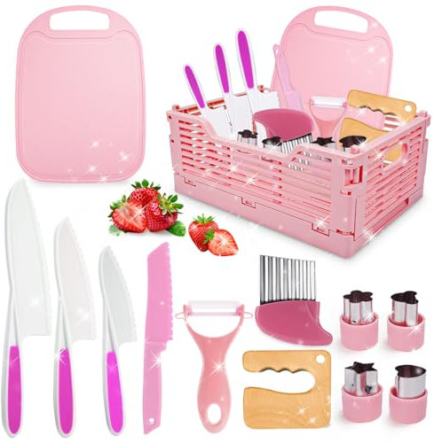 JoltJive Couteau Sécurité Montessori Enfant, Kit Cuisine Jouet 2-6 ans, Couteau qui ne Coupe pas, Idéal pour Fruits et Légumes (rose)