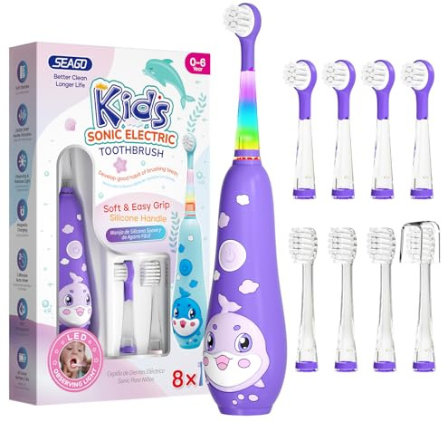 seago cepillo electrico infantil recargable, cepillo dientes bebe con luz LED, temporizador y 8 cabezal de recambio para niños mayores de 2 años, IPX7, SG2139(Violeta)