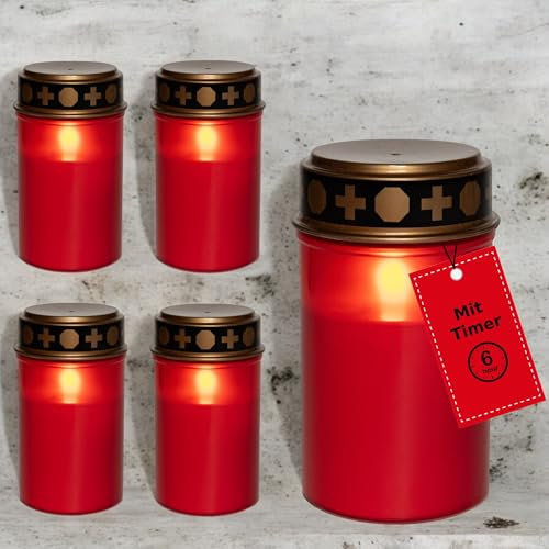 Novaliv Luz LED para tumba sin batería y temporizador, 6/18, 5 unidades, color rojo, para tumba, para exteriores, sin batería, vela conmemorativa, luz eterna LED
