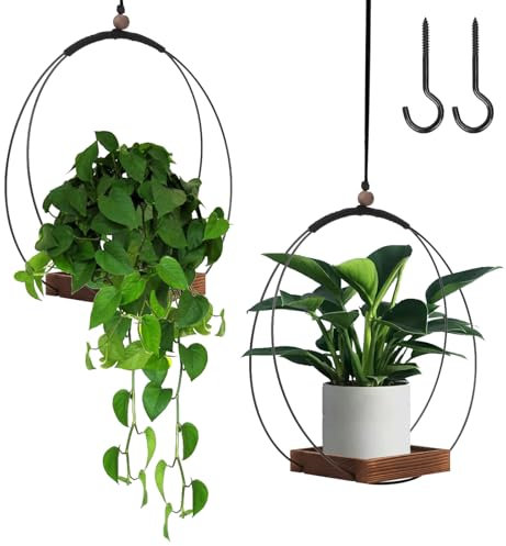 Qivine 2 Pièces Pots de Fleurs à Suspendre, 30CM Suspension Plante Exterieur avec Socle en Bois et Crochet, Jardiniere Suspendue pour Balcon, Jardin, Terrasse, Fenêtre ou Porche