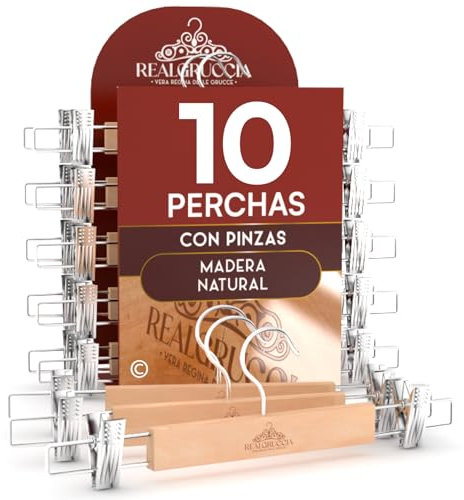 10 Grucce Appendiabiti con Pinze per Gonne Jeans Pantaloni in Legno Naturale 13x33cm - RealGruccia Clips Regolabili Salvaspazio e Robuste - Finitura Lucida e Gancio Girevole 360° in Metallo Resistente