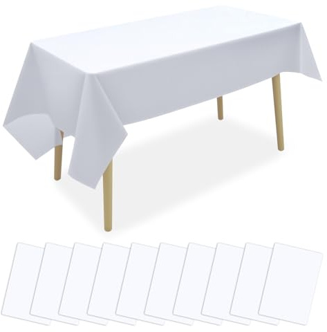 Pmueuff Nappe Jetable Blanche, Lot de 10 Nappes Blanche Rectangulaire 137 x 183 cm Nappe Anniversaire Imperméable Nappe Jetable en Plastique Blanc pour Anniversaire, Fête, Mariage, Barbecue, Noël