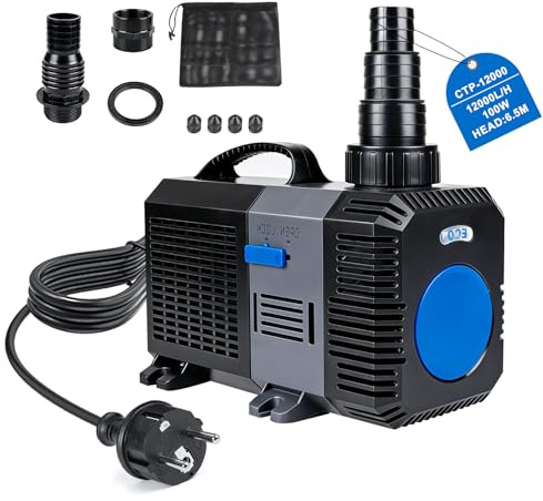 EXLECO Super Eco Bomba para Estanque Anfibia 12000L/H 100W Filtro Pecera, Bombas de Agua Sumergible, Bomba para Fuente Jardín, Filtro Acuario para Acuario y Estanque, CTP-12000