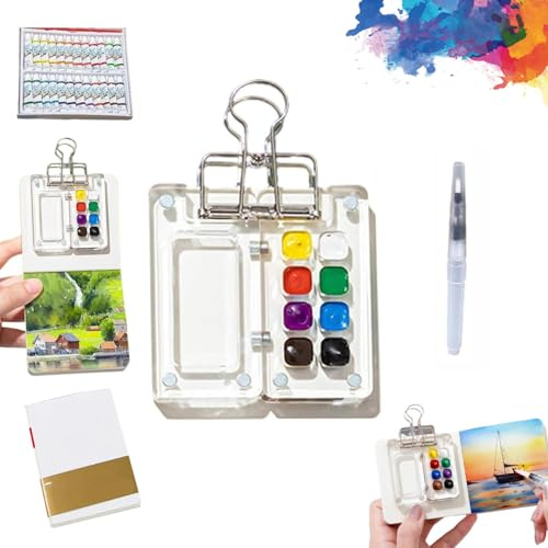 Mini Watercolour Kit, Mini Watercolour Paint Set Travel, Beginner-Friendly Watercolors Workbook, Watercolor Paint Set, Wooden Grid Paint Box for Painters Artists Students (White-8 grids)