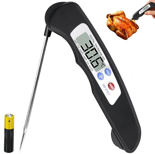 Thermomètre Cuisine Lecture Instantanée 3s – Thermometre Cuisson Viande BBQ avec Écran LCD, Sonde Pliable et Longue Sonde, Thermomètre Pâtisserie Numérique pour Lait Boissons Chaudes Sucre Cuisine Pro