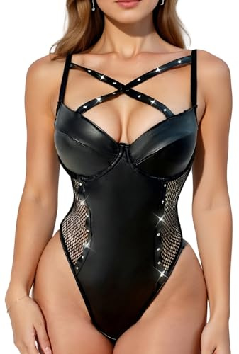 Adigau Donna Body in Pelle PU Discoteca Tuta Wetlook Scollo V Cinturino Incrociato Sexy Lingerie da Festa Costume Clubwear Aderente Nero M