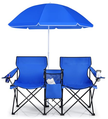 COSTWAY 2 Sillas de Camping con Sombrilla, Sillas Playas Plegables Doble, Portavasos, Bolsa Nevera, Bolsilla Lateral, Bolsa de Transporte, Exterior Picnic Senderismo Barbacoa, 160x56x178cm(Azul)