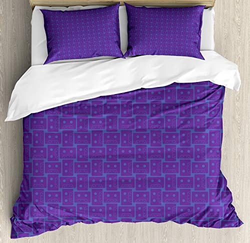 Ambesonne Abstract Duvet Cover Set, Old Fashioned Cassette Illustrations Digital 80s 90s, Decorative 3 Piece Bedding Set with 2 Pillow Shams, California King, Ceil Blue Violet