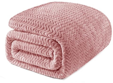 Exclusivo Mezcla King Size Fleece Blanket for Bed, 230x265 CM Super Soft Cozy Blankets with Decorative Wave Textured, Lightweight Plush All Season Use, Dusty Pink