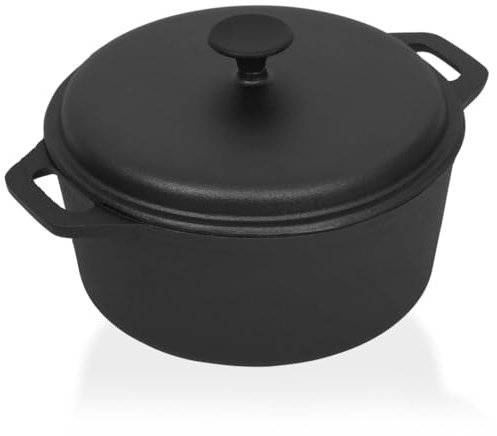 vidaXL Cast Iron Pot 26.5cm - Versatile Roaster/Grill for Camping/Barbecue, Oven Safe, 5L Capacity, Non-Assembly Black Cookware for Gas/Electric Stove, Handled.