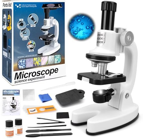 deAO Microscope for Kids 1200X High-Power Science Microscope Kit with LED Light Mobile Phone Adapter 3D Slides, Magnifying Glass, Test Tubes, Color Filters, Stem Toys Science Explorer Tool, 8+ Years