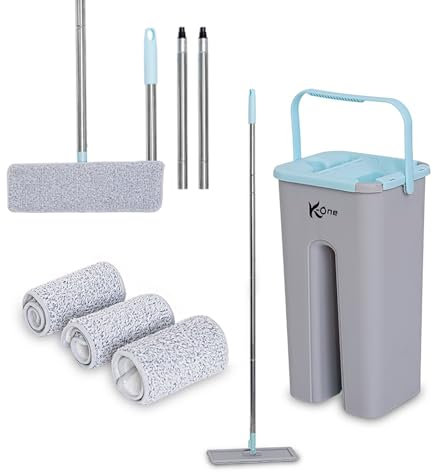 K-ONE Bucket Set Floor Mop Reusable Pack of Microfibre Flat Mop Pad Easy and Simple to Squeeze For Cleaning All Floors -Tiles-Laminate - Hardwood Floors (Mop with 4 pads Sky blue)