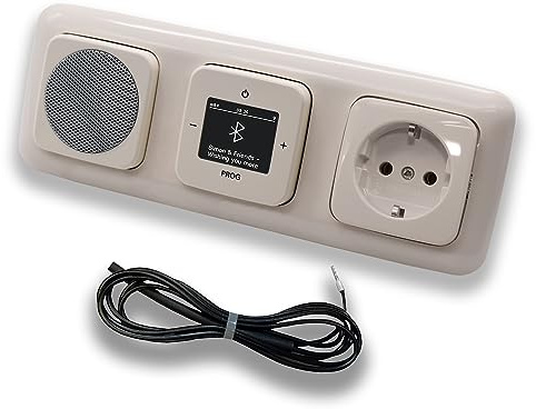 Busch Jäger DAB+ Radio Bluetooth encastrée 8217U-101 DURO2000 blanc crème, kit avec haut-parleur, couvertures, prise avec protection enfant, cadre avec antenne lancée EBROM 0,9 m pour optimiser la