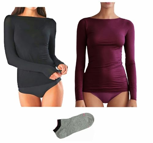 JADEA Maglia Cashmere Manica Lunga, Offerta 1-2 Pezzi + Calze in Omaggio, Scollo a Barca, Sottogiacca Donna (2 PZ 1 Vinaccia + 1 Nero + 1 Calza, S)