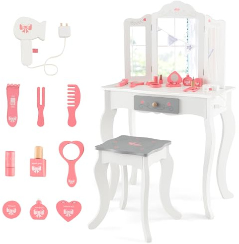 RELAX4LIFE Toeletta Trucco per Bambina, Specchiera Trucco con Sgabello e Accessori da Trucco, Toeletta in Legno, Specchio Rimovibile, per Bambini 3+ Anni (TRIPLO, 34x50x93cm)