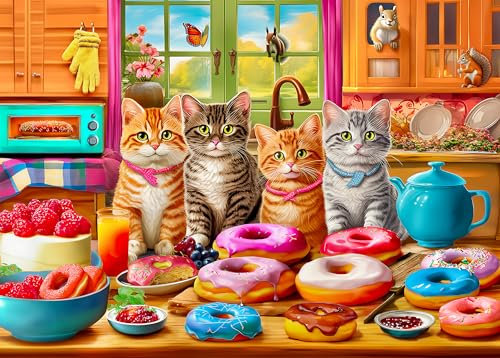 Extra große Puzzle 300 Teile für Erwachsene – Großteiliges Puzzle für Kinder und Senioren – Küchenkätzchen und Donuts