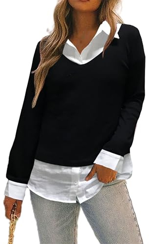 Oyamiki T-shirt à manches longues pour femme - En coton - Avec col de chemise - Tricot - Col en V - Décontracté et élégant - Pour l'automne et l'hiver, noir/blanc, XXL