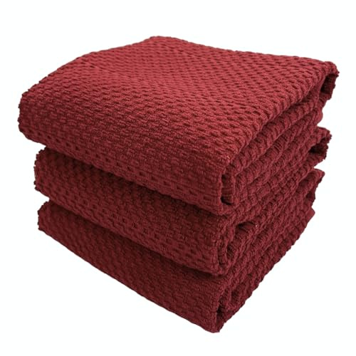 Maroon Dark Red Brick Red Kitchen Hand Dish Towels: Oversized 28 x 18,100% Cotton Cloth Soft Cleaning Drying Absorbent Textured Design, Set of 3 Multipurpose for Everyday Use (Brick Red)