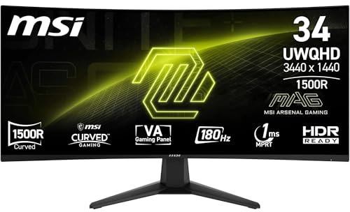 MSI MAG 346CQ 34-Zoll UWQHD Curved Gaming Monitor, 3440 x 1440, 1500R, VA, 180Hz, 1ms, HDR Ready, Eye Care, HDMI 2.0b, DP 1.4a, Frame-Less Design, Neigbar, Vesa kombatibel, Schwarz