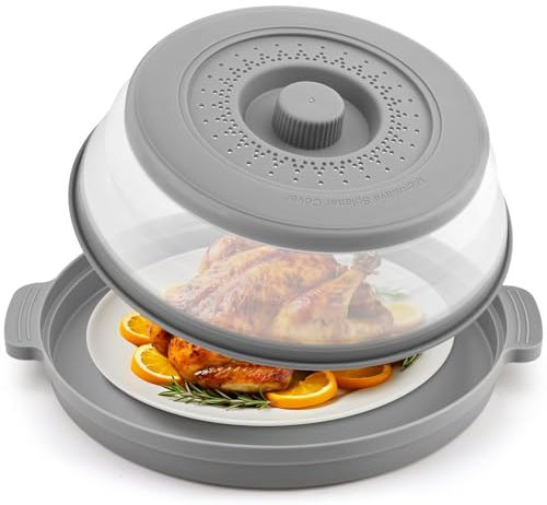 Microwave Cover for Food with Anti-scald Base Mat,Kitchen Gadgets Large Plastic & Silicone Vented Avoid Scalding Collapsible Guard Lid, Plate Holder & Kitchen Colander Meal Prep-10.7 Inch (Gray)