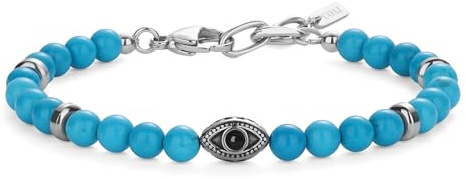 COAI Bracciale da Uomo con Occhio Turco e Perline di Pietre Naturali, Bracciale Turchese Sintetico da Uomo con Charm Malocchio Portafortuna