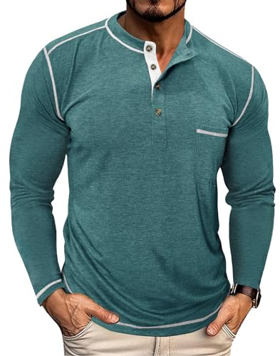 PRIVIMIX T Shirt Manche Longue Homme Tee Shirt Col Rond Henley T-Shirts en Boutonné Vert XL