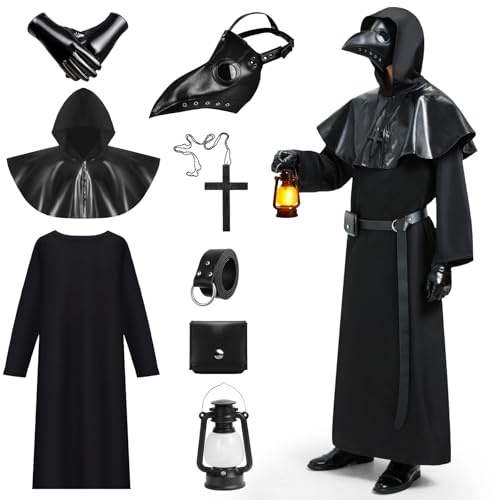 IEEILULU Deguisement Medecin de la Peste, Costume du Médecin de Peste, Plague Doctor Costume avec Masque Noir, Sac Banane en Vuir et Lanterne à Main, Deguisement Médiéval Steampunk pour Homme (XL)